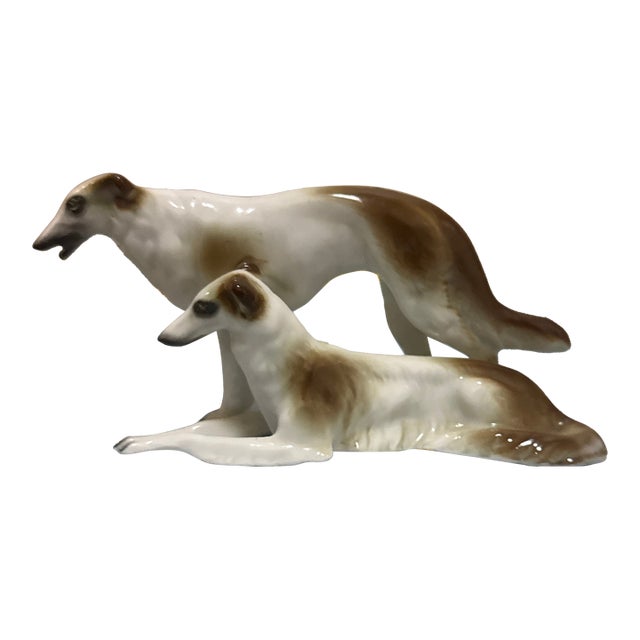 Vintage Porcelain Borzoi Russian Wolfhound Figurine - Standing & Reclining Dog Figurine For Sale
