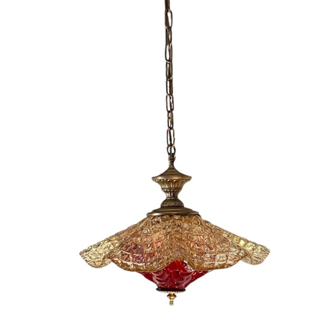 Vintage Murano Fazzoletto Art Glass “Fiore Di Fuoco” Amber Red Pendant Light For Sale - Image 17 of 18
