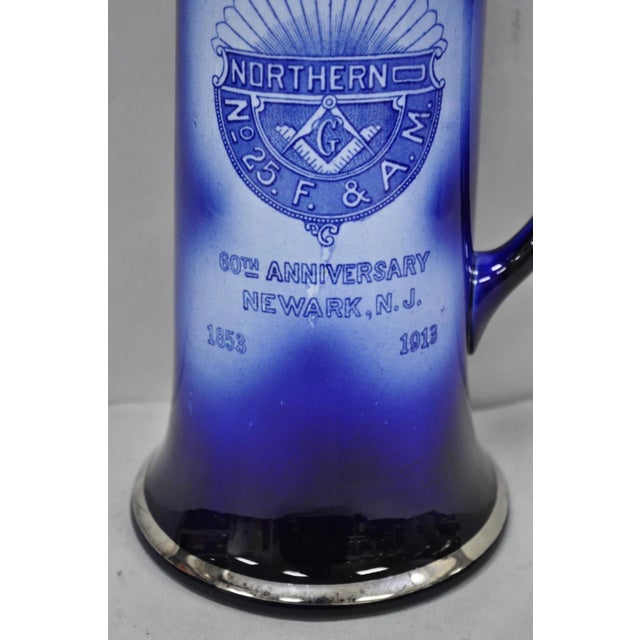 Antique 1913 60th Anni Northern Lodge No. 25 Masonic Cobalt Blue Ceramic Pitcher For Sale In Philadelphia - Image 6 of 16