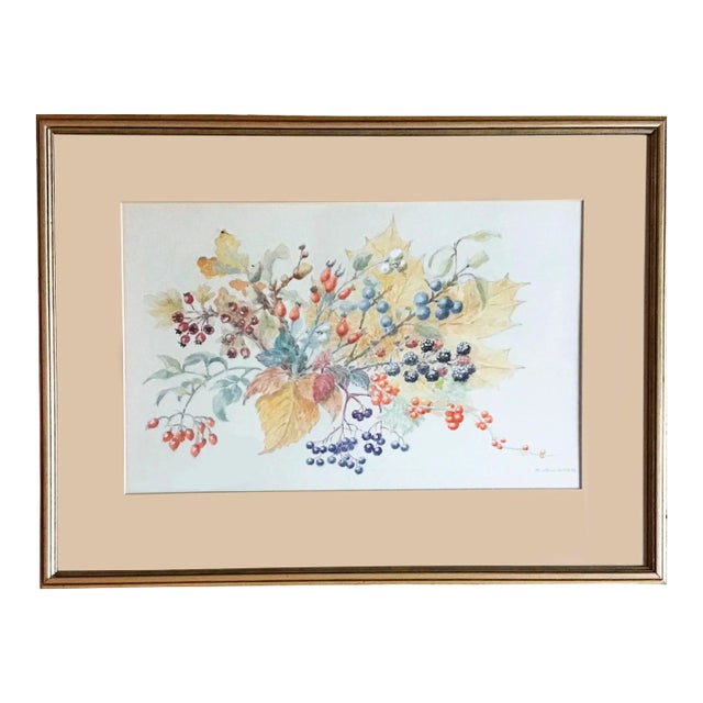 Vintage Winter Berries in a Cotswolds Garden Framed Watercolor Painting For Sale