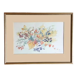 Vintage Winter Berries in a Cotswolds Garden Framed Watercolor Painting