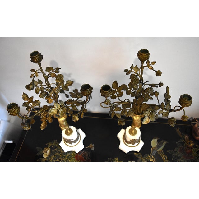 French 19Th Century Louis XVI Style Gilt and Bronze Mounted Cherub Candelabras on White Marble Stands For Sale - Image 16 of 17