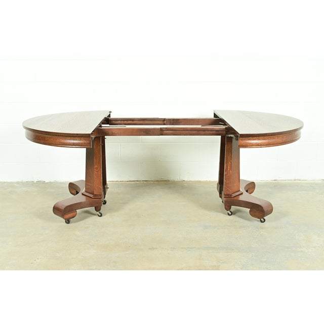Stickley Style Antique Mission Oak Arts & Crafts Pedestal Extension Dining Table, Newly Refinished For Sale In South Bend - Image 6 of 10