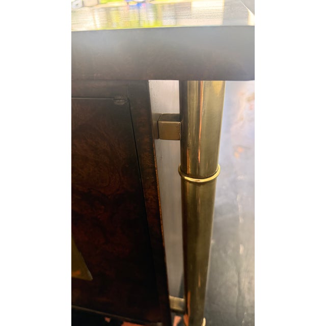 1970s Attributed to Mastercraft Hollywood Regency Burl Wood & Satin Brass Side Cabinets / Nightstands – A Pair For Sale - Image 11 of 15
