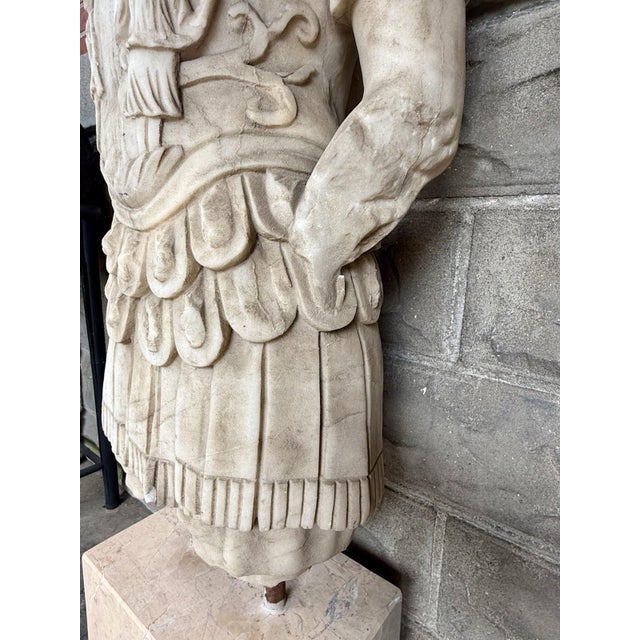 Late 20th Century Life Sized Marble Roman General Statue On Travertine Block Garden Ornament For Sale - Image 14 of 17