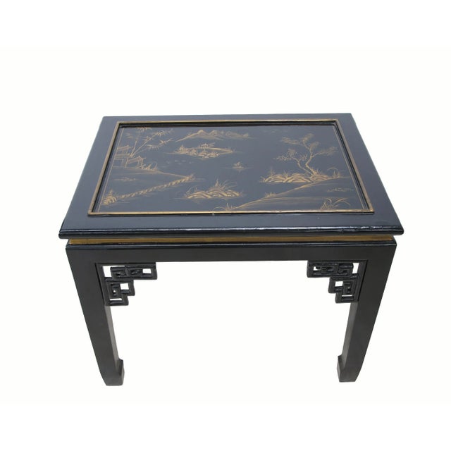 The top of this vintage black lacquered side table was beautifully painted by the Chinese artisan. Hand painted and gilded...