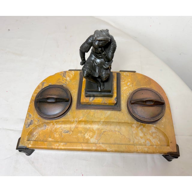 Bronze Antique French Solid Siena Marble Bronze Lorenzo De Medicis Statue Desk Inkwell For Sale - Image 8 of 18