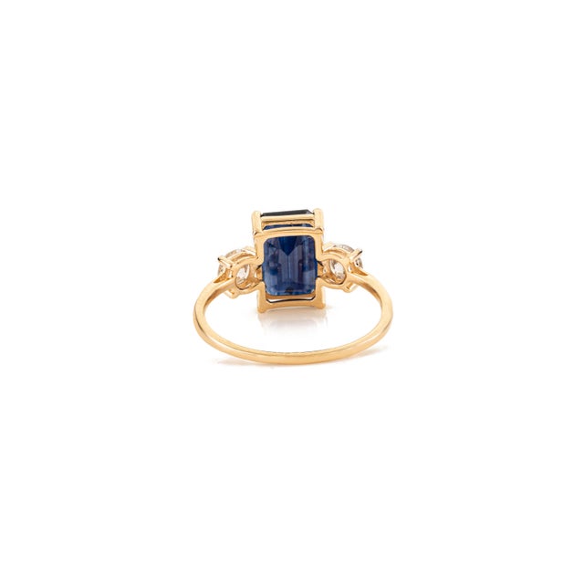 Metal 3.35 Ct Emerald Cut Royal Sapphire & Diamond Trilogy Ring Size 5 in 14k Gold For Sale - Image 7 of 14