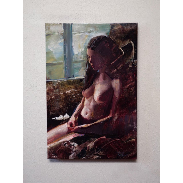 Stillness by Matt Talbert | Oil on linen of a seated nude woman in soft light For Sale
