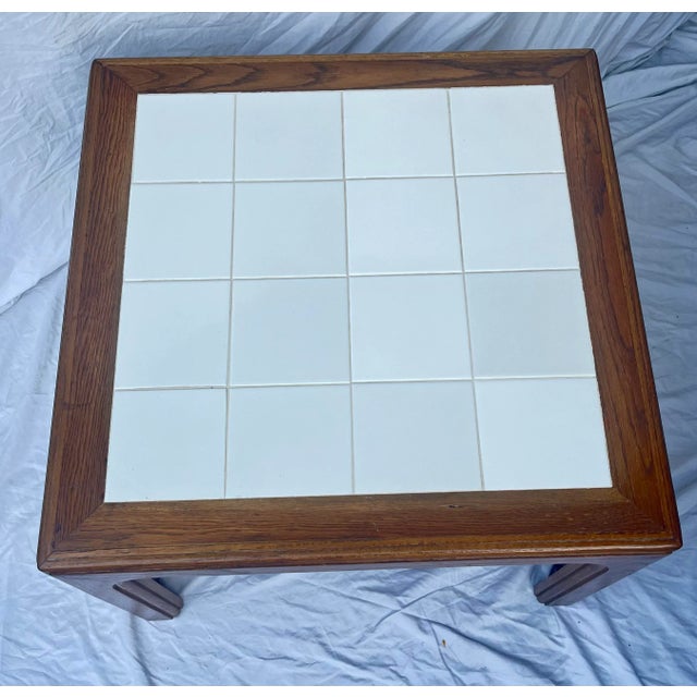 1970s Coastal Chic Walnut and White Ceramic Tile Square Side Coffee Table For Sale - Image 9 of 11