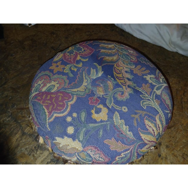 Vintage Blue Floral Paisley Ottoman Foot Stool With Tapestry Upholstery and Gold Tassel Fringe. For Sale - Image 4 of 8