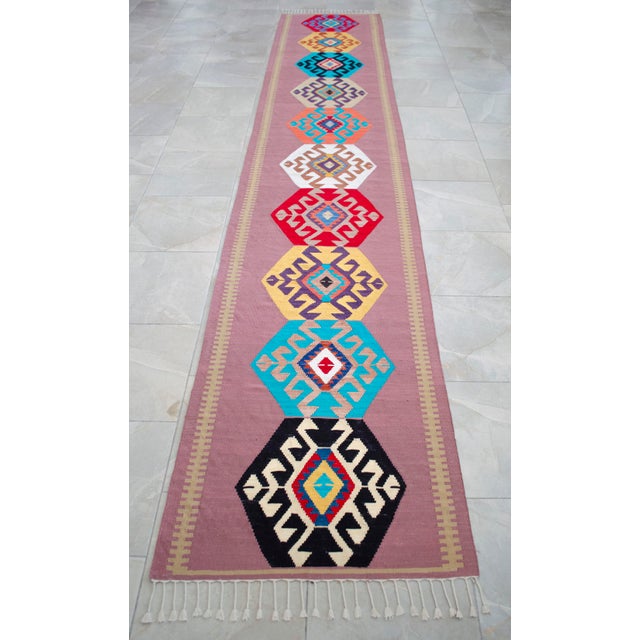 Rose Hand Woven Silk Runner Rug . Full Tribal Design Hallway Colorful Runner Rug New - 2′7″ X 14′3″ For Sale - Image 8 of 15