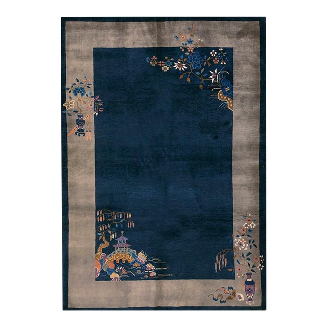 1920s Blue Navy Floral Antique Art Deco Chinese Rug 6'0" X 8'9" Handknotted Wool Carpet For Sale