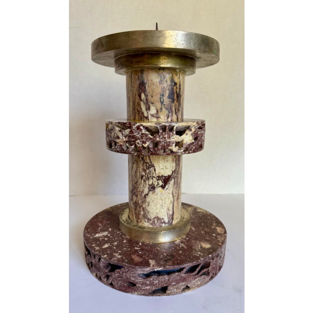 Chinese Vintage Chinese Carved Veined Marble Dragon & Phoenix Altar Candle Holder For Sale - Image 3 of 10