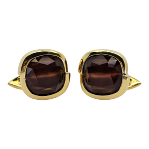18k (750) Yellow Gold - Natural 15 Ct Brown Quartz: Cufflinks, A Pair