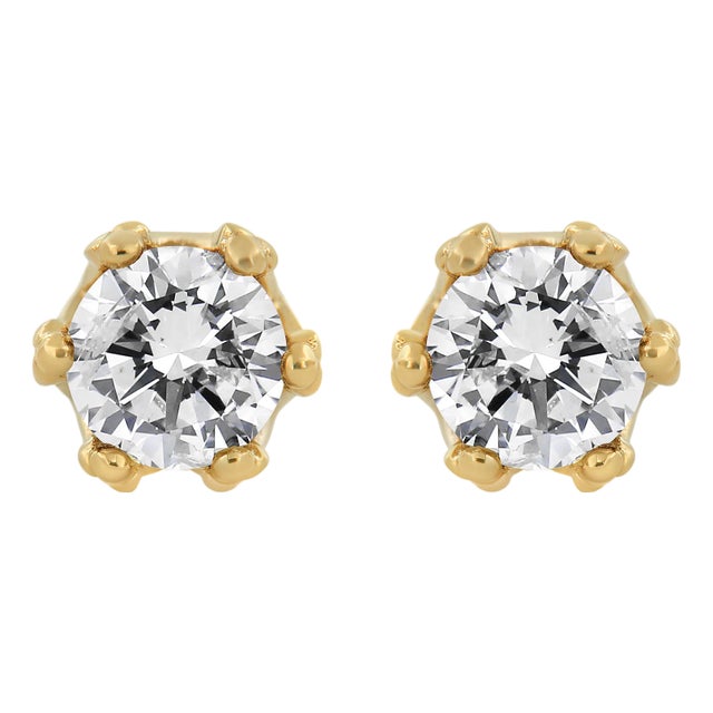 14K Yellow Gold 2.0 Cttw Round Diamond Crown Stud Earrings (I-J Color, I1-I2 Clarity) For Sale
