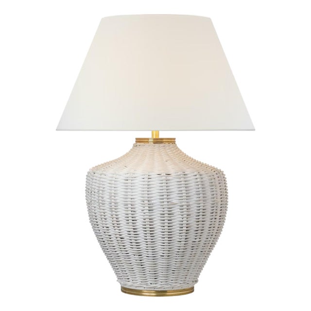 Marie Flanigan by Visual Comfort Signature Evie Large Table Lamp in White Wicker with Linen Shade For Sale