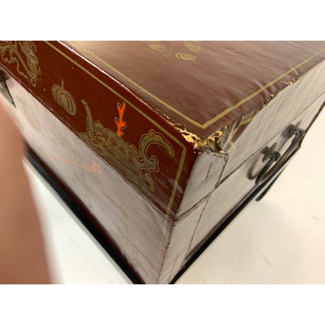 Vintage Chinese Leather Painted Trunk With Wood Stand, Glass Top For Sale In New York - Image 6 of 12