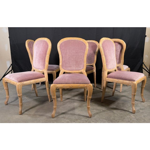 1970s c.1970's Carved Florentine Faux Bois Italian Dining Chairs in Velvet, Attributed to Chelini - Set of 6 For Sale - Image 5 of 16