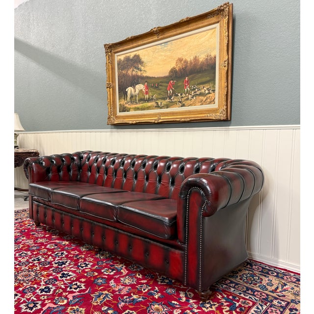 Oxblood Red Vintage English Chesterfield Leather Tufted Sofa Oxblood Red Mid Century For Sale - Image 8 of 18