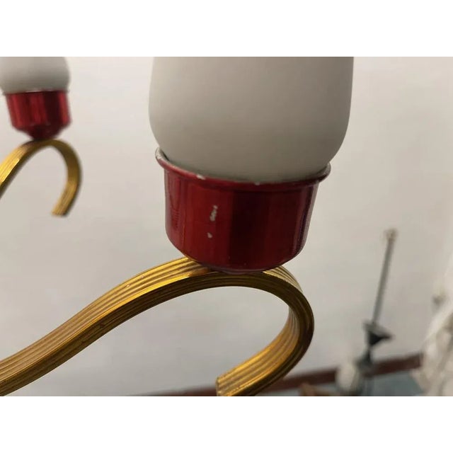 Metal Vintage Red Brass Opaline Glass Chandelier, 1950s For Sale - Image 7 of 11
