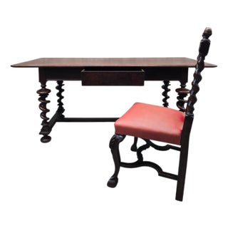 Antique Jacobean Revival Style Barley Twist Desk With Chair For Sale