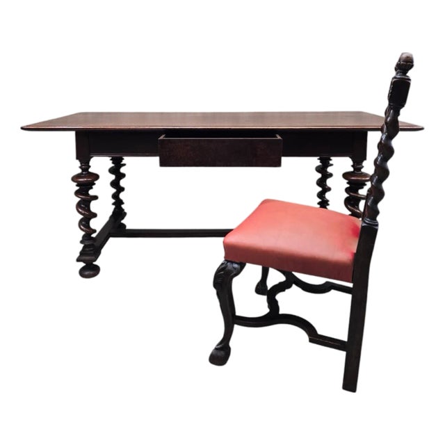 Antique Jacobean Revival Style Barley Twist Desk With Chair For Sale