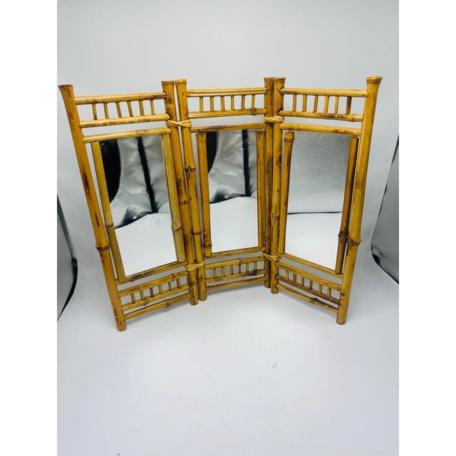 Tan Vintage Table Top Bamboo Trifold Mirror For Sale - Image 8 of 8