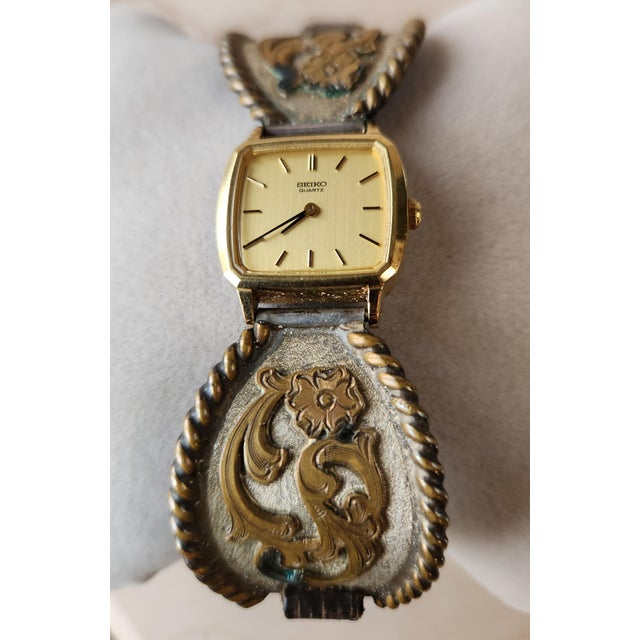 Seiko 1970s Western Watch Sterling Silver Leather Band For Sale - Image 4 of 18
