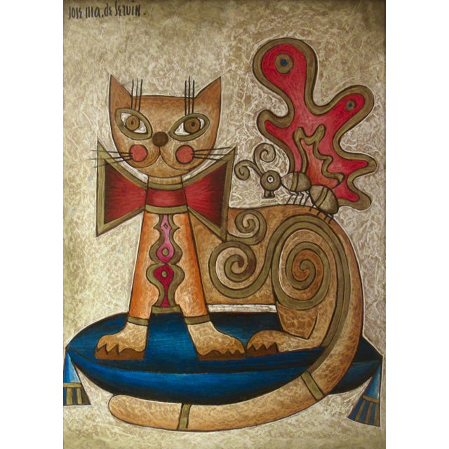 This artwork "Decorated Cat" c.1960, is an oil painting on hardboard by noted Mexican Artist Jose Maris De Servin,...