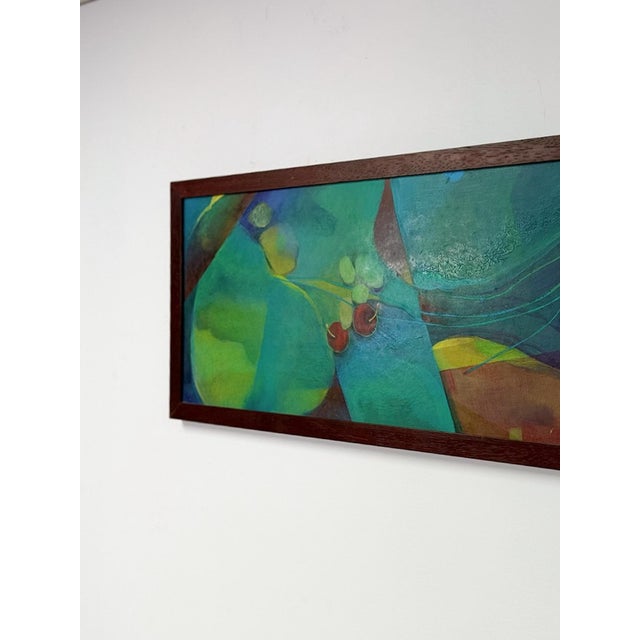 Late 20th Century Framed Original Abstract Acrylic Painting Teal Green Still Life Art, Wood Frame For Sale In Tampa - Image 6 of 14