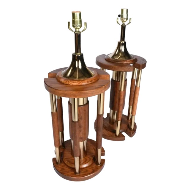 Pair Post Modern Gold Brass and Oak Wood Large Table Lamps For Sale