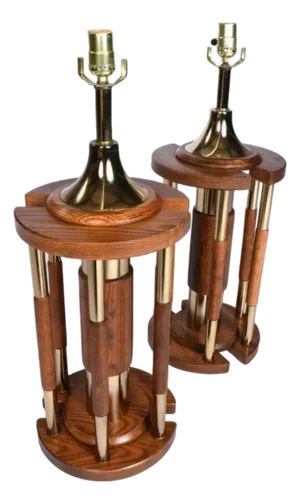 Pair Post Modern Gold Brass and Oak Wood Large Table Lamps