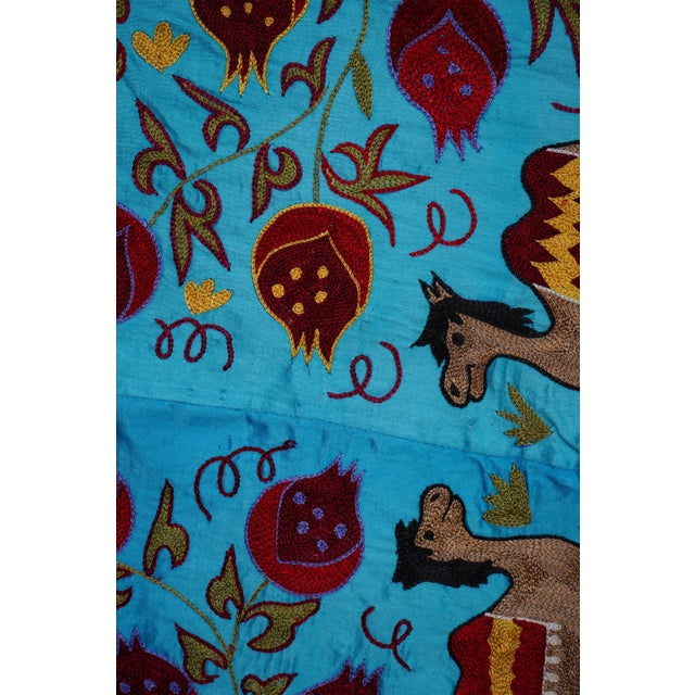 Sky Blue Blue Uzbek Suzani Wall Art – Camel & Floral Motif Embroidery 3'4'' X 6'2'' For Sale - Image 8 of 13