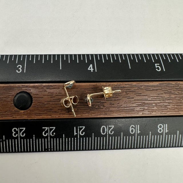 Early 21st Century Bezel Set Blue Topaz Studs in 14kt Yellow Gold – 4.6mm Diameter, Push Backs, New, A Pair For Sale - Image 5 of 5