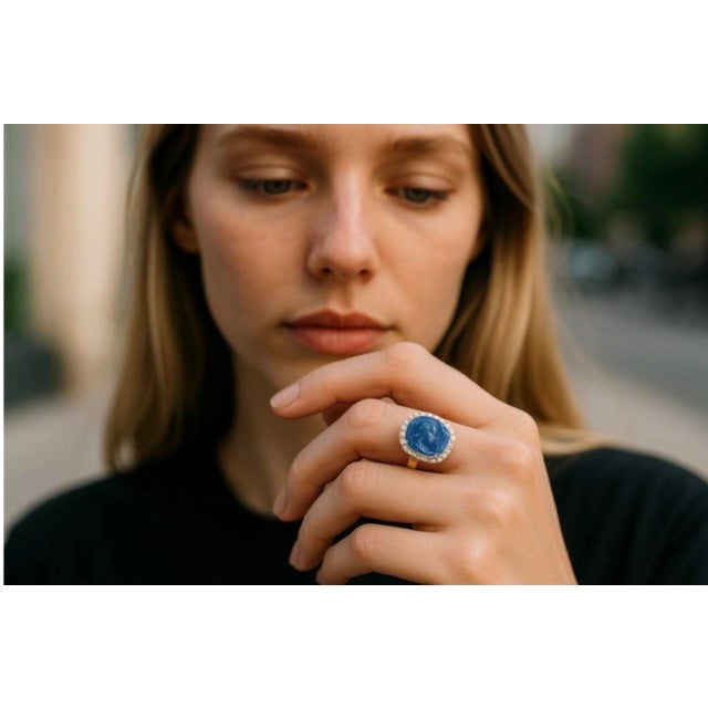 Metal Gia Certified No Heat Carved Sapphire Diamond 2.61 Carat 18 Karat Yellow Gold, Size 6.5 For Sale - Image 7 of 9