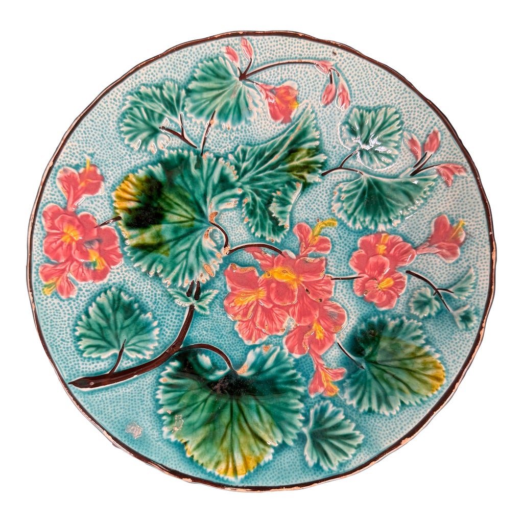 Vintage Majolica Small Blue Flowers and Leaves Plate | Chairish