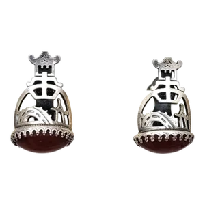 Vintage 1950s Signed Napier Silvertone Cabochon Faux-Carnelian Asian Scene Clip Earrings - 2 Pieces