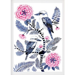 "Indigo Kookaburras & Magenta Peonies" by Sally Browne For Sale