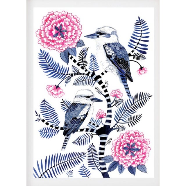 "Indigo Kookaburras & Magenta Peonies" by Sally Browne For Sale