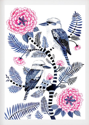 "Indigo Kookaburras & Magenta Peonies" by Sally Browne