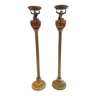 Vintage Ornate Tall Fluted Scalloped Brass Candle Torchières With Monkey - A Pair For Sale