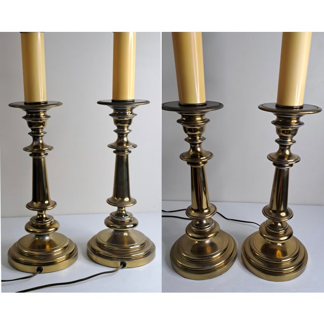 Vintage Mid-Century Modern Heavy Brass Beehive Candlestick Boudoir Table Lamps 31" Tall - a Pair For Sale - Image 10 of 10
