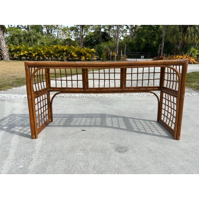 1970s Boho Chic Brown Lattice Rattan Rectangular Sofa Console Table With Glass Top For Sale - Image 12 of 12