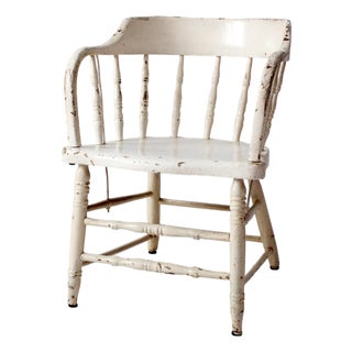 Antique White Painted Windsor Captain's Chair With Spindle Back For Sale