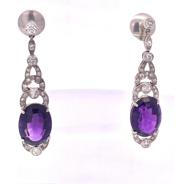 1920s Edwardian 21ct Amethyst Platinum Drop Earrings With Diamond Accents, Pair For Sale - Image 12 of 12