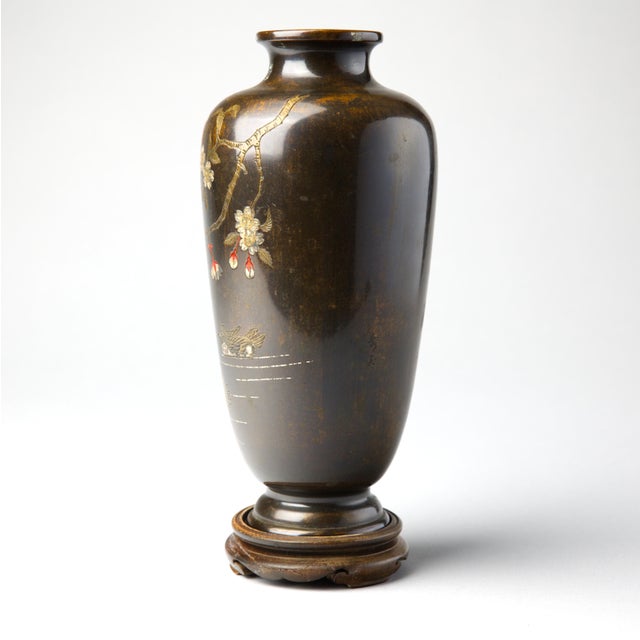 Japanese 19th Century Japanese Meiji Bronze Vase, Mixed-Metal Inlay, Mandarin Ducks and Prunus, Signed, With Stand For Sale - Image 3 of 12