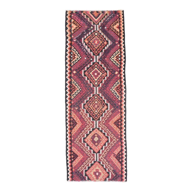1970s Vintage Turkish Handmade Wool Cotton Red Runner Rug For Sale