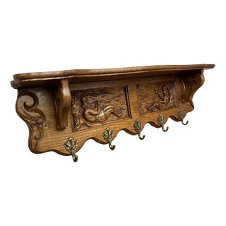 Vintage French Wall Coat Rack in Oak For Sale