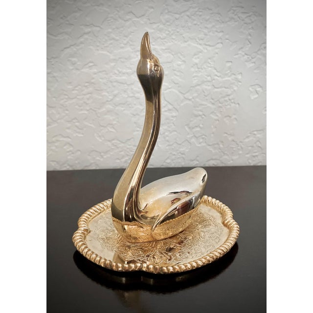 Figurative Diminutive Mid 20th-Century Brass Swan on a Dish Ring Holder, Hong Kong For Sale - Image 3 of 17